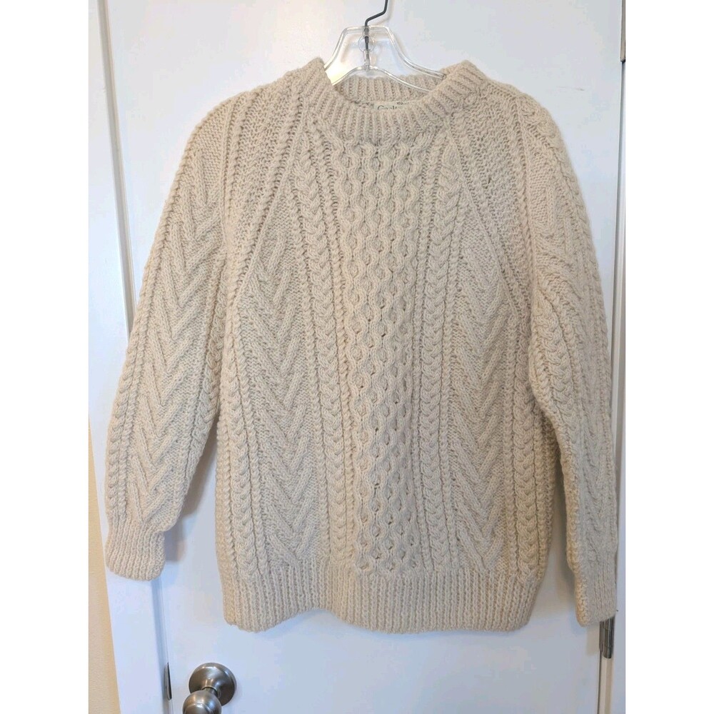 Gaeltarra Women's Handknit Wool Aran Fisherman Sweater Cream Irish Cable Knit XL